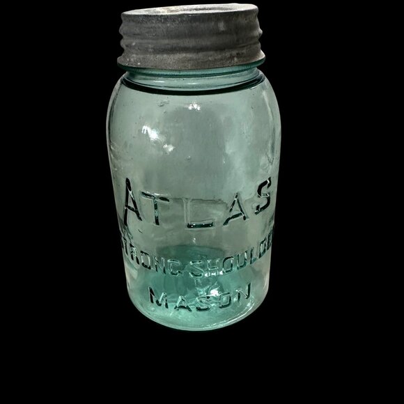 Vintage Atlas Strong Shoulder Mason Blue Glass Quart  Jar zinc lid FLAW Bubble - Picture 1 of 7